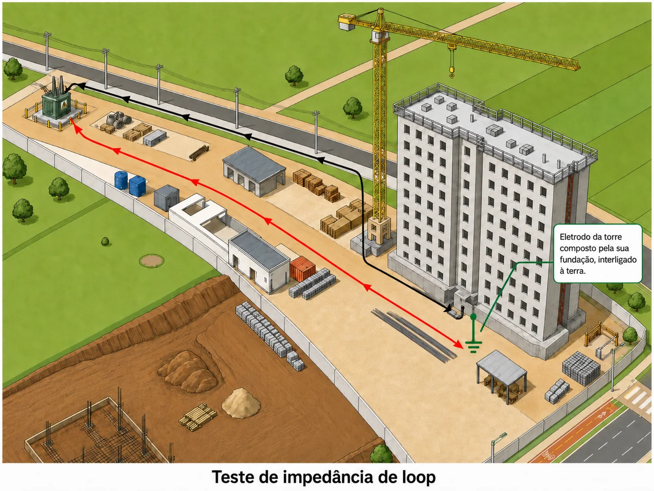 Ilustração conceitual de ensaio de impedância de loop em instalação elétrica