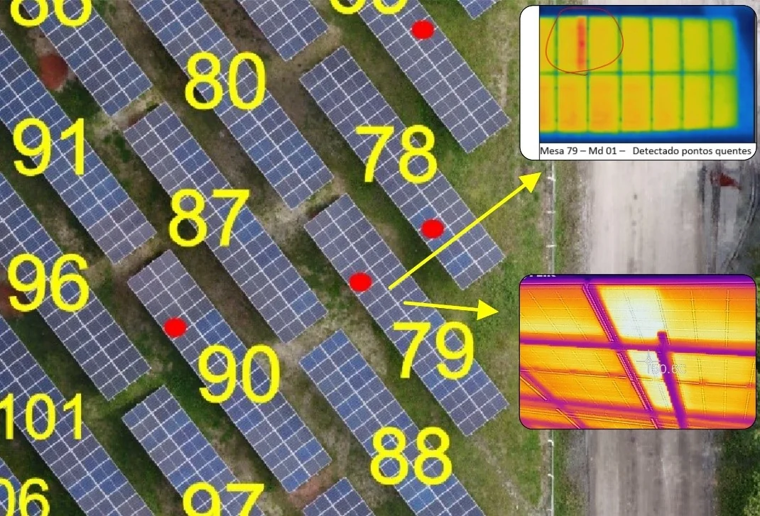 Mapa de módulos fotovoltaicos numerados com anomalias térmicas localizadas