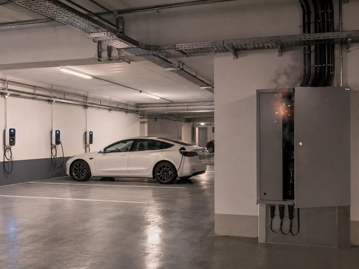 Imagem conceitual de garagem com carregadores e quadro elétrico apresentando condição crítica ilustrativa