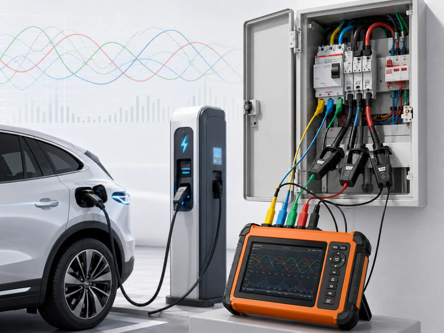 Carregador veicular, veículo elétrico e analisador de grandezas elétricas em composição técnica conceitual