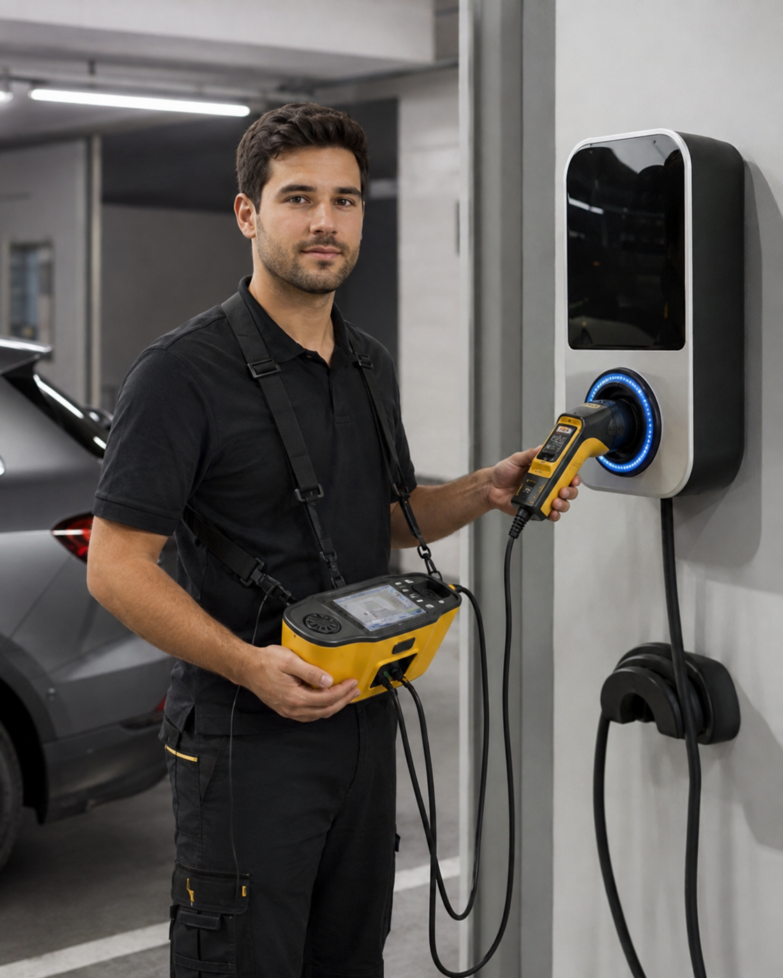 Teste em carregador veicular com instrumento de medição